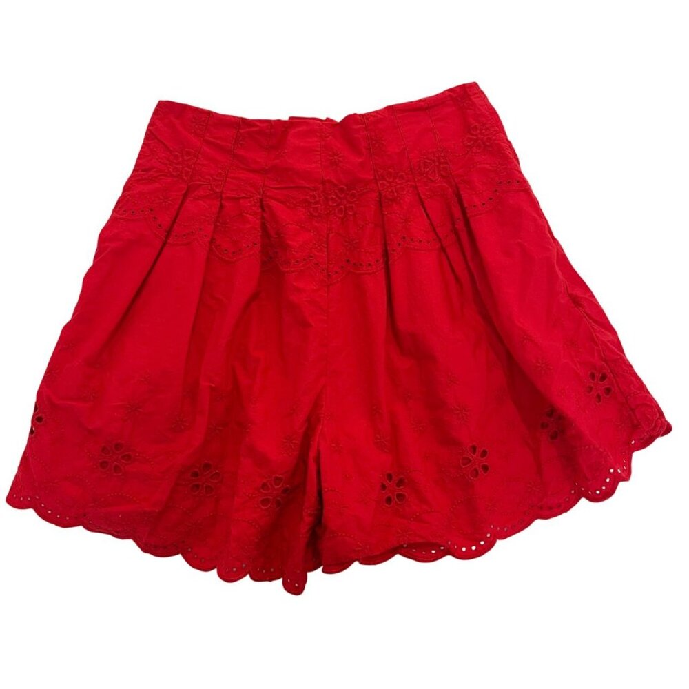 Free People How Sweet Shorts Red High Rise Pleated Eyelet Boho Festival MEDIUM - Picture 2 of 10